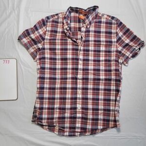 Mens‎ Joe Fresh button up plaid shirt.  Size M.  Red/blue.   Slim fit.